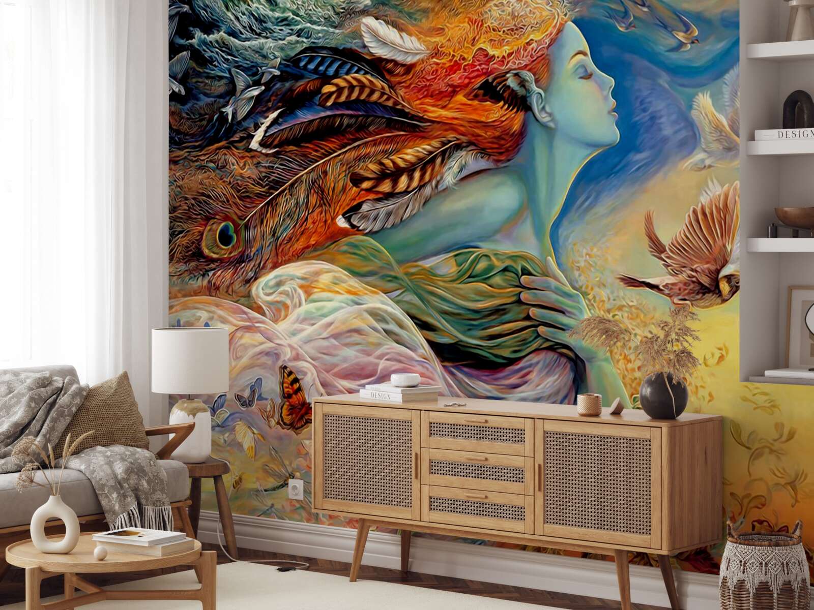 Papier peint fille entourée de fleurs d'automne, balancée par le vent