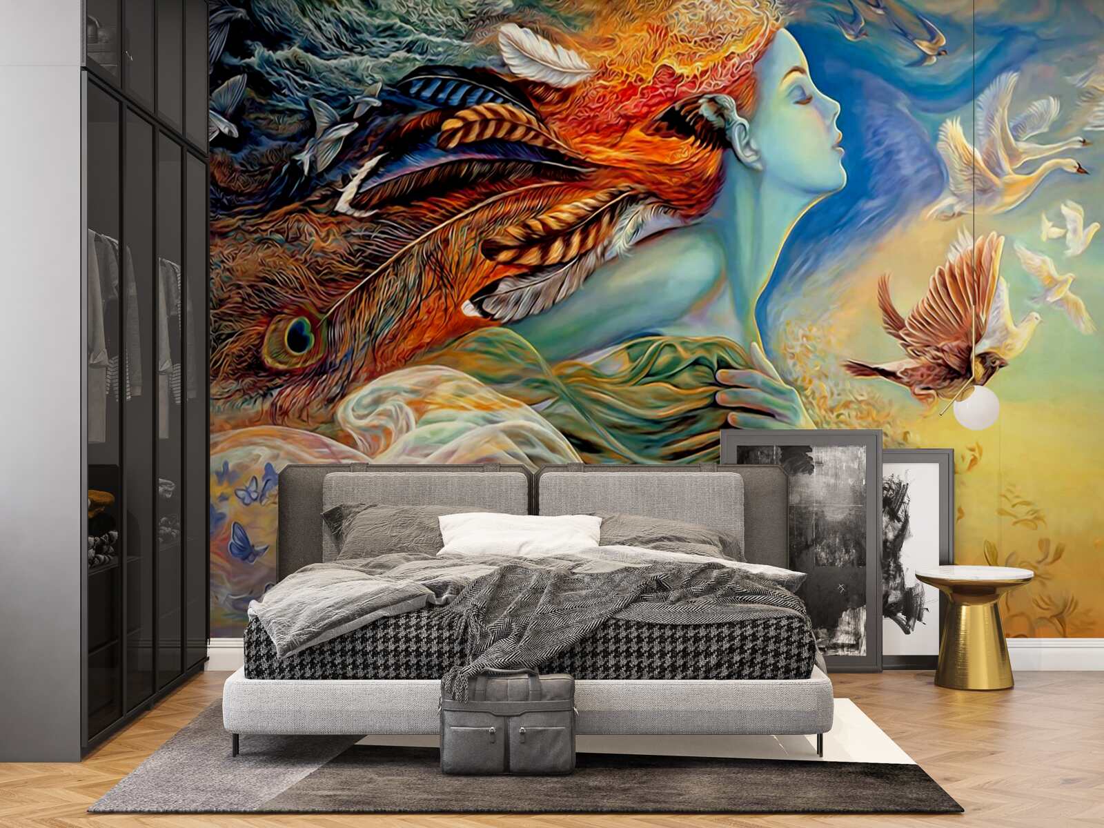 Papier peint fille entourée de fleurs d'automne, balancée par le vent