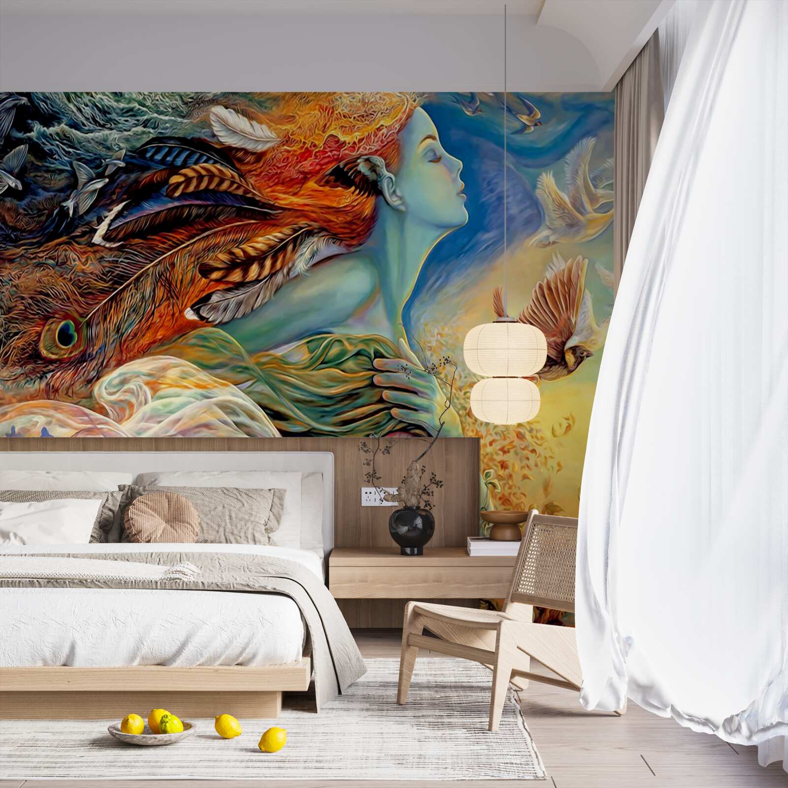 Papier peint fille entourée de fleurs d'automne, balancée par le vent