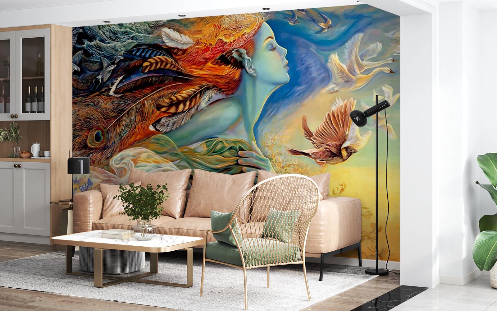 Papier peint fille entourée de fleurs d'automne, balancée par le vent