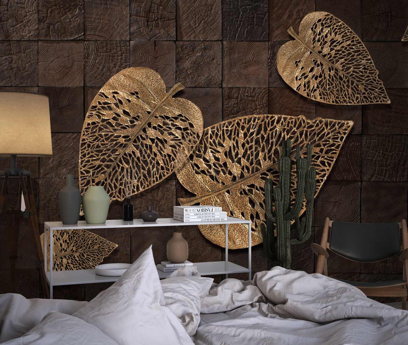 Papier peint feuilles métalliques brunes