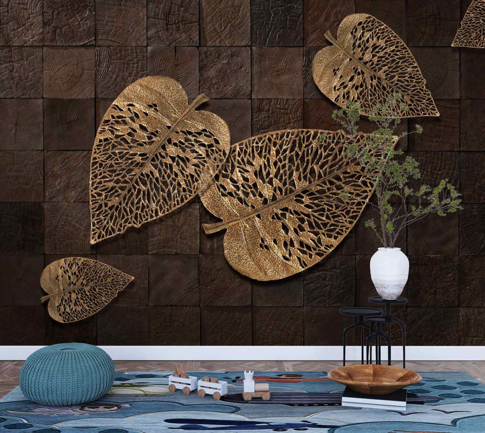 Papier peint feuilles métalliques brunes