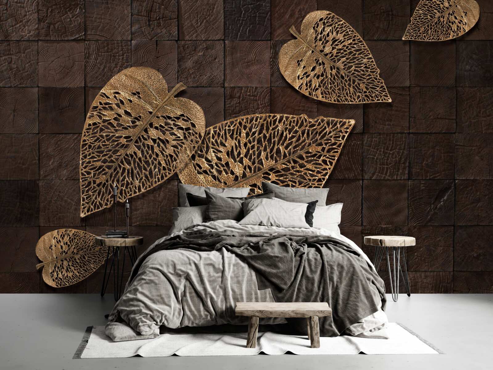 Papier peint feuilles métalliques brunes