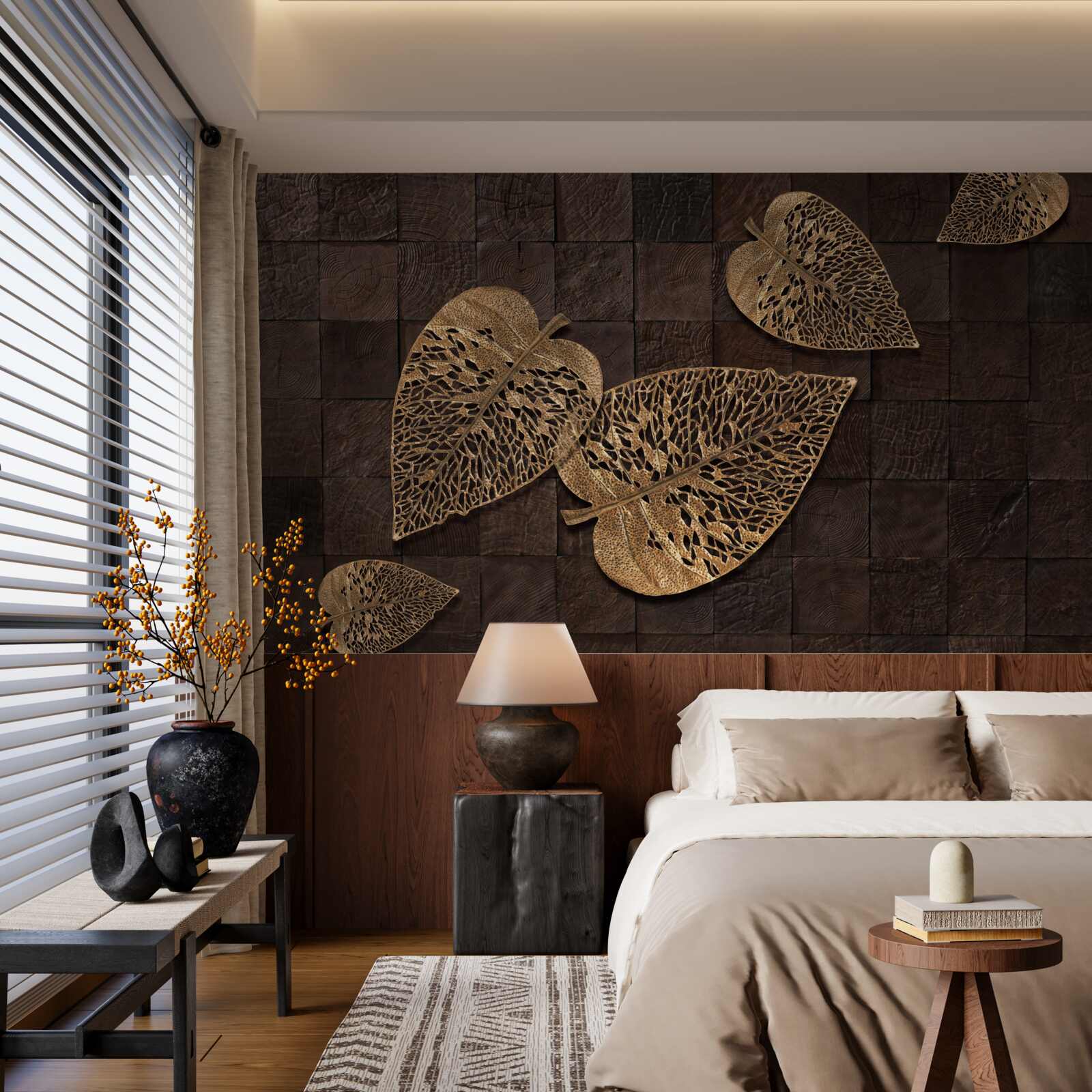 Papier peint feuilles métalliques brunes