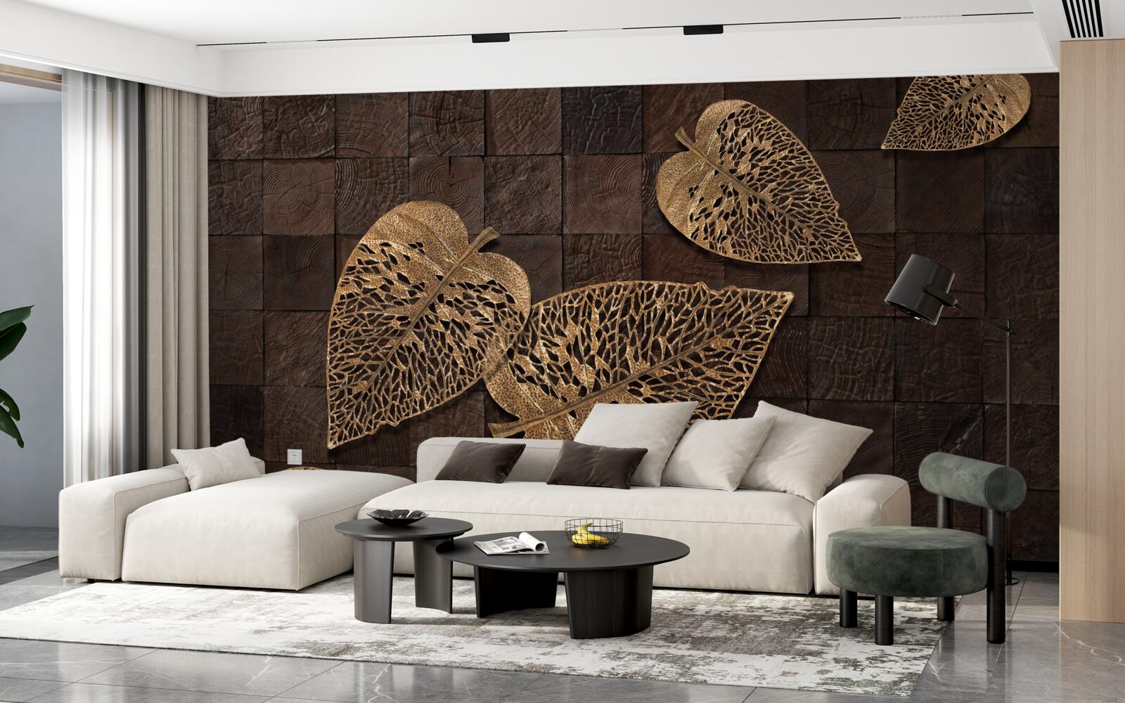 Papier peint feuilles métalliques brunes