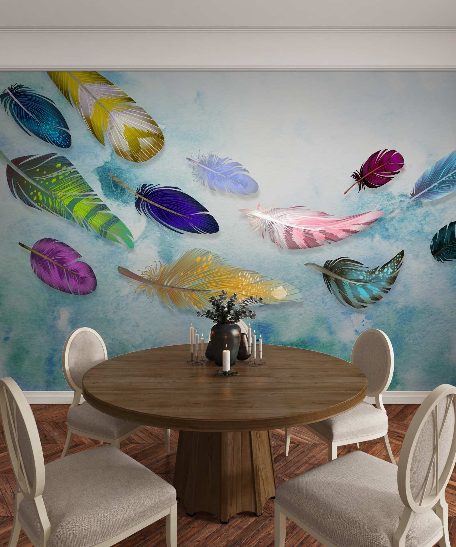 Papier peint des plumes de différentes formes et nuances flottent dans l'air