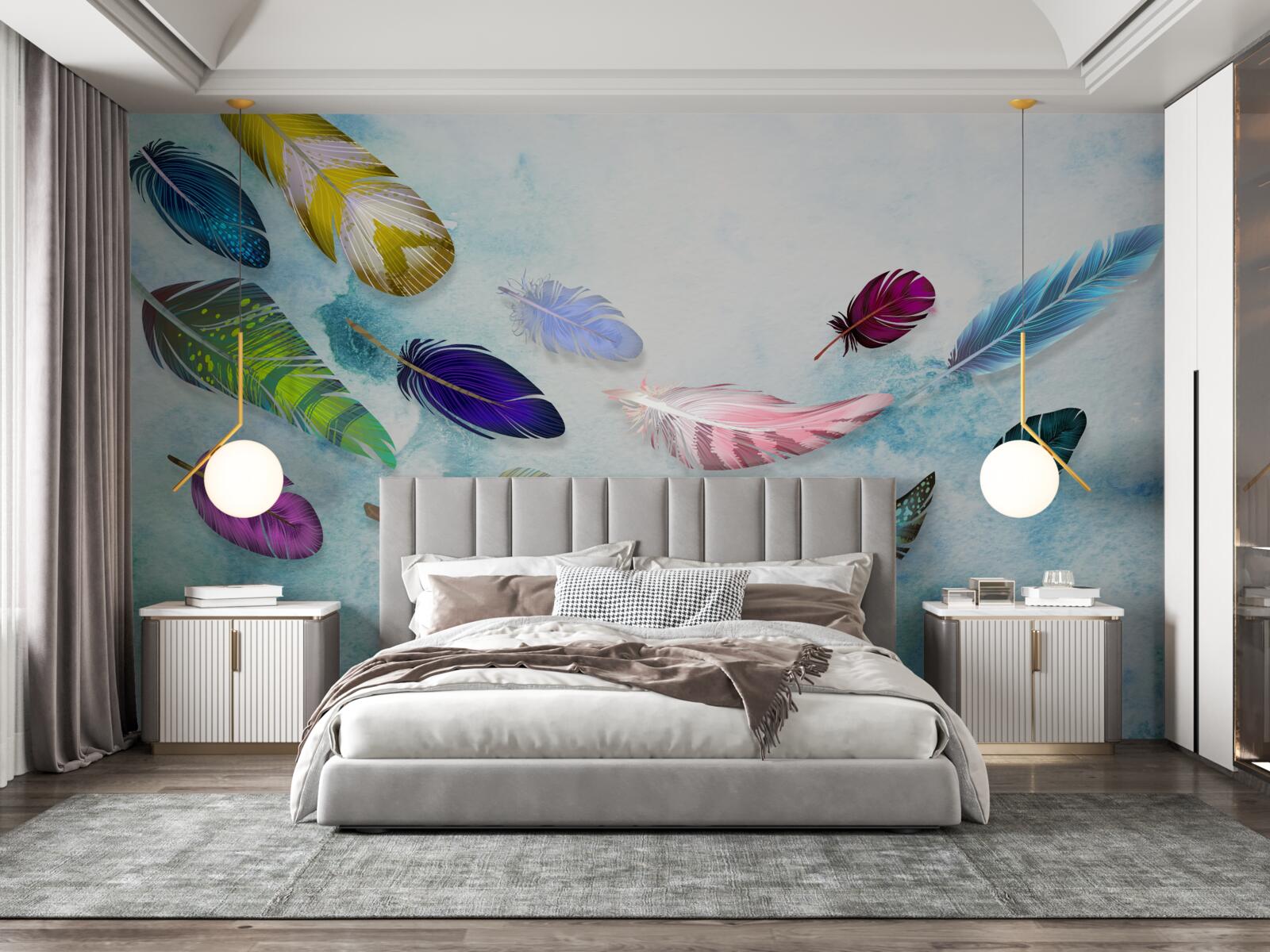 Papier peint des plumes de différentes formes et nuances flottent dans l'air