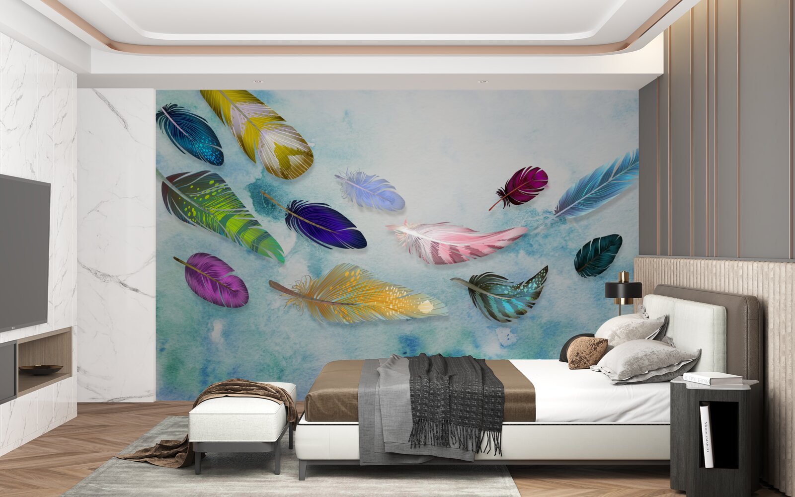 Papier peint des plumes de différentes formes et nuances flottent dans l'air