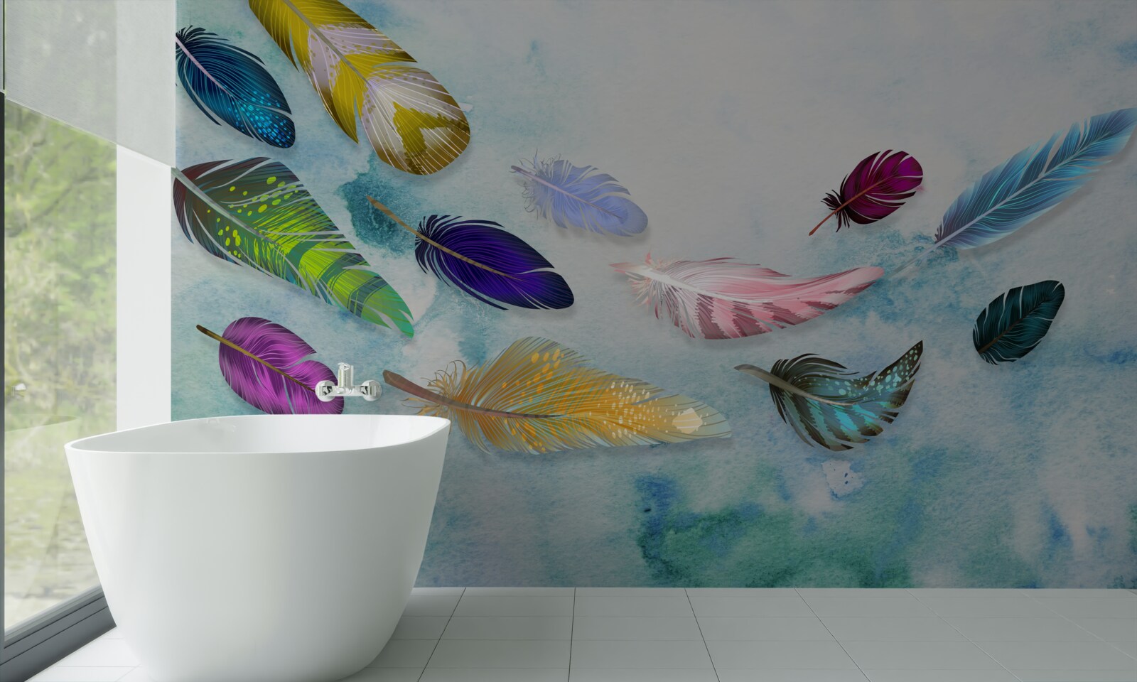 Papier peint des plumes de différentes formes et nuances flottent dans l'air