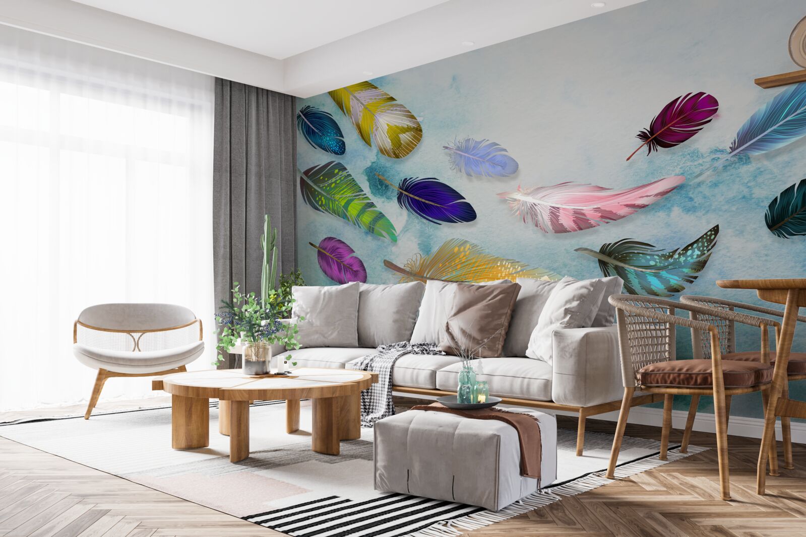 Papier peint des plumes de différentes formes et nuances flottent dans l'air