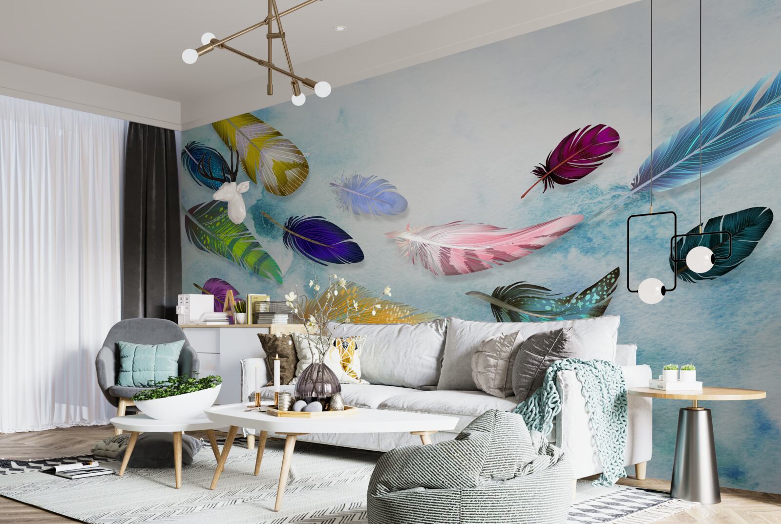 Papier peint des plumes de différentes formes et nuances flottent dans l'air