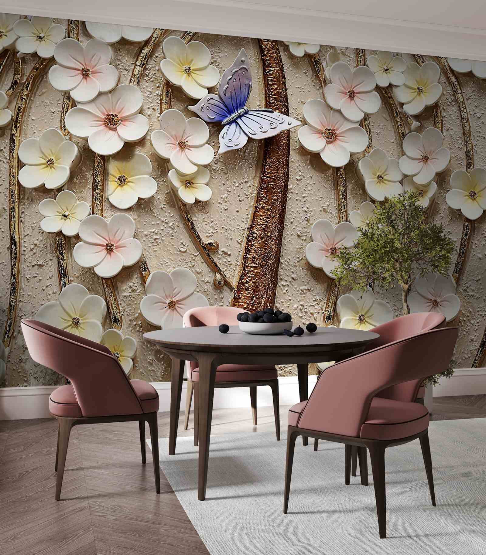 Papier peint bourgeons doux et papillon bleu