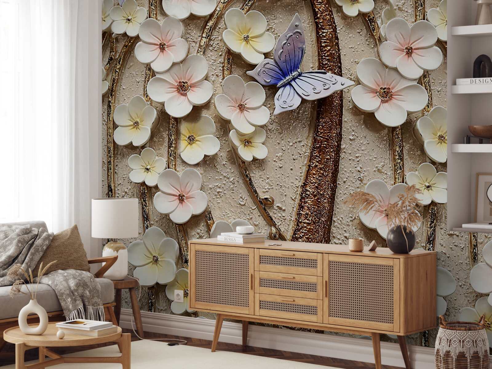 Papier peint bourgeons doux et papillon bleu