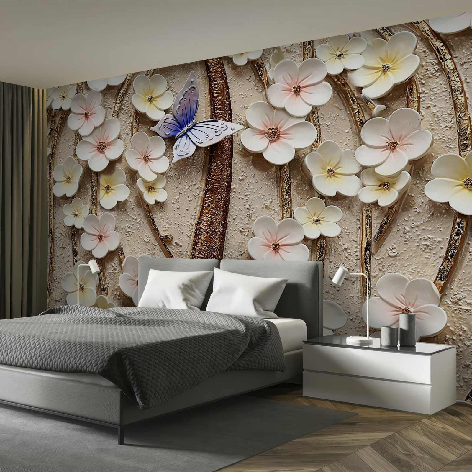 Papier peint bourgeons doux et papillon bleu