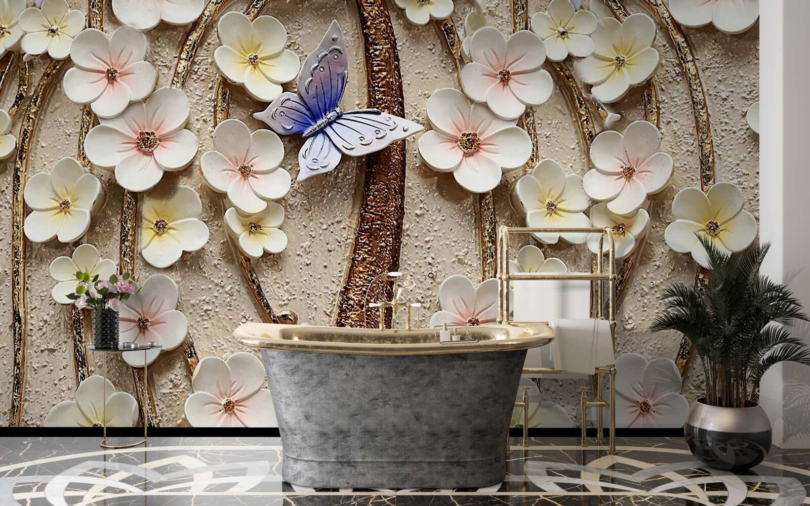 Papier peint bourgeons doux et papillon bleu