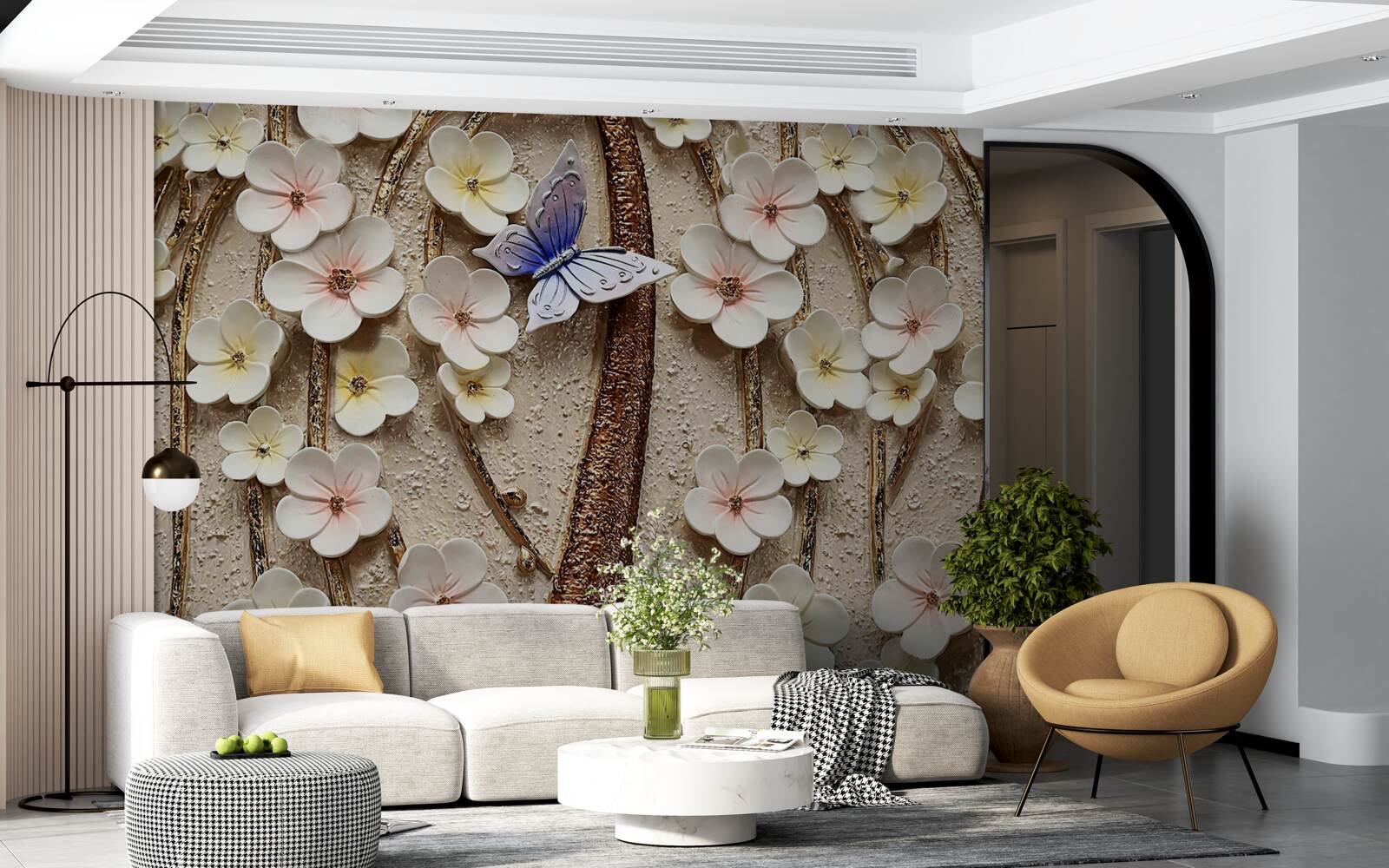 Papier peint bourgeons doux et papillon bleu