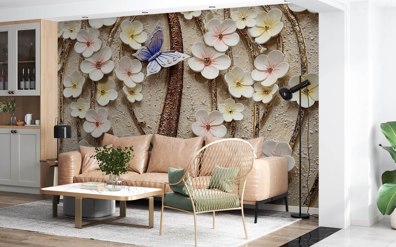 Papier peint bourgeons doux et papillon bleu