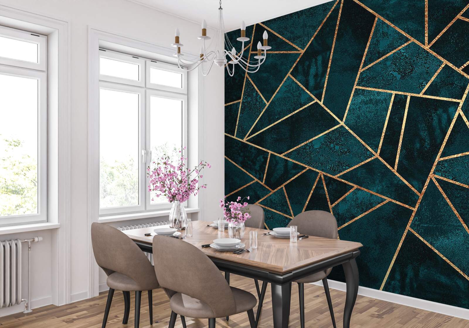 Papier peint mosaïque dans les tons émeraude et or