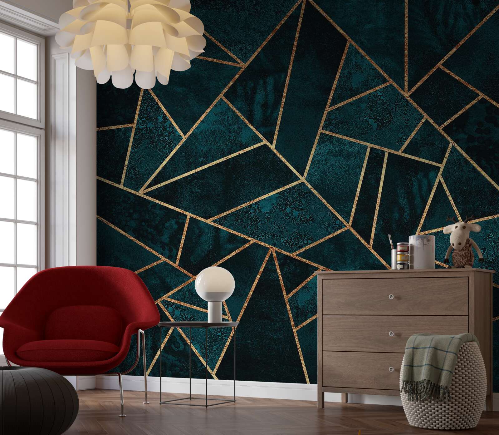 Papier peint mosaïque dans les tons émeraude et or