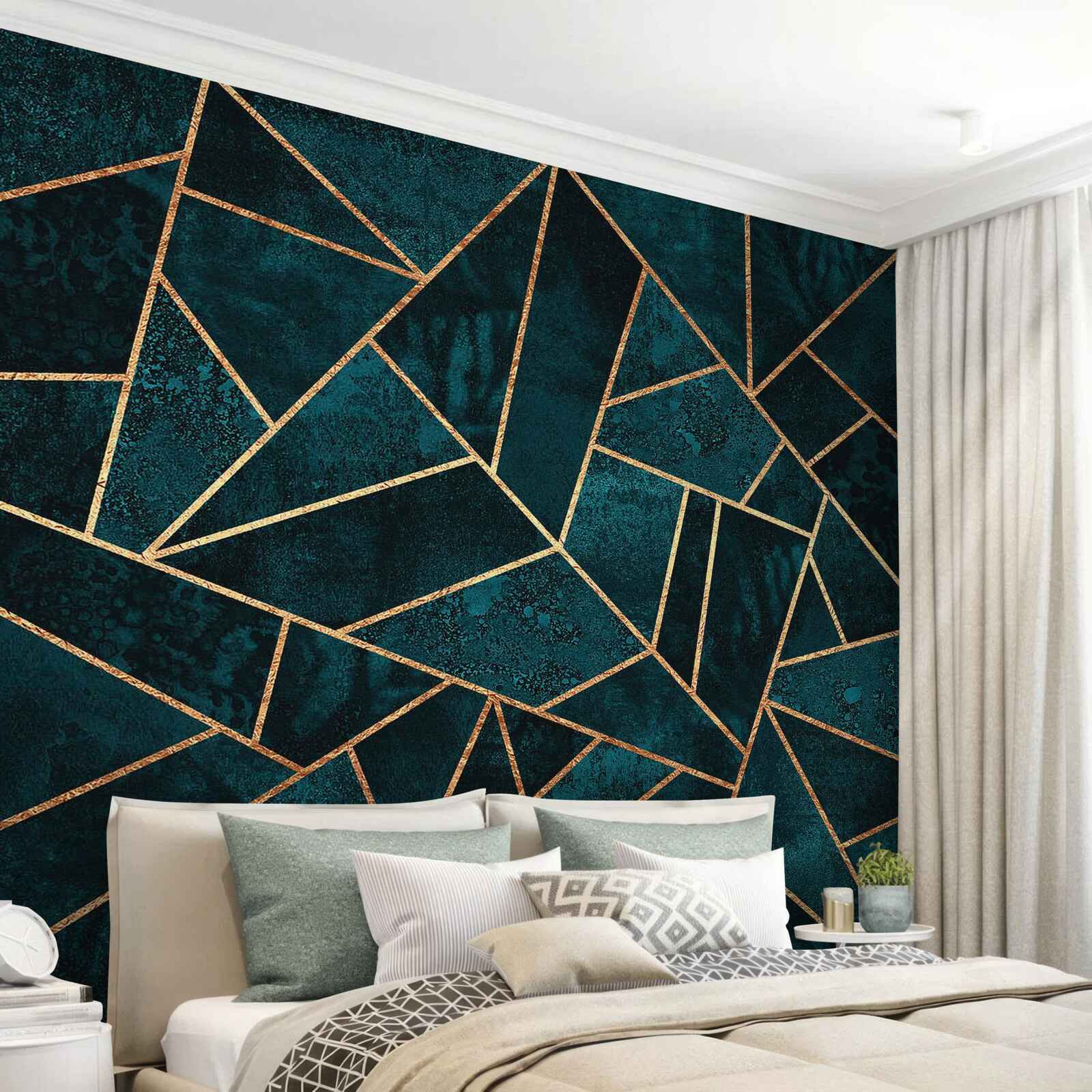 Papier peint mosaïque dans les tons émeraude et or