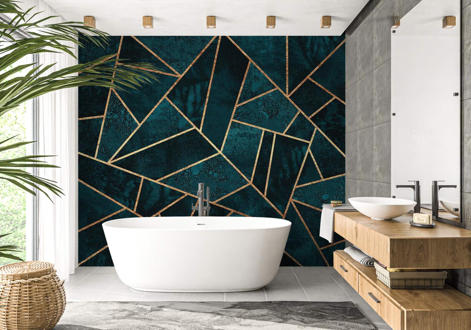 Papier peint mosaïque dans les tons émeraude et or