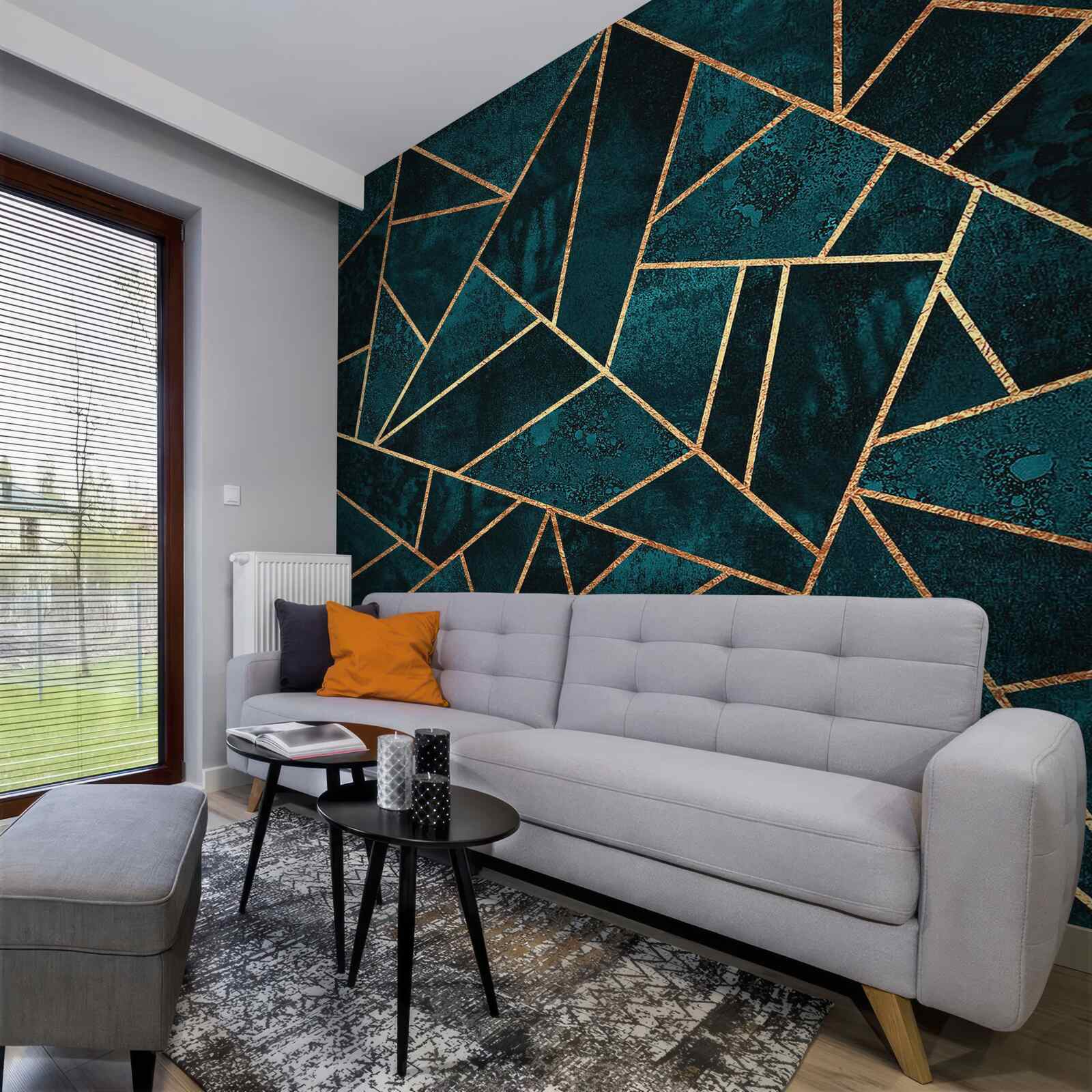 Papier peint mosaïque dans les tons émeraude et or