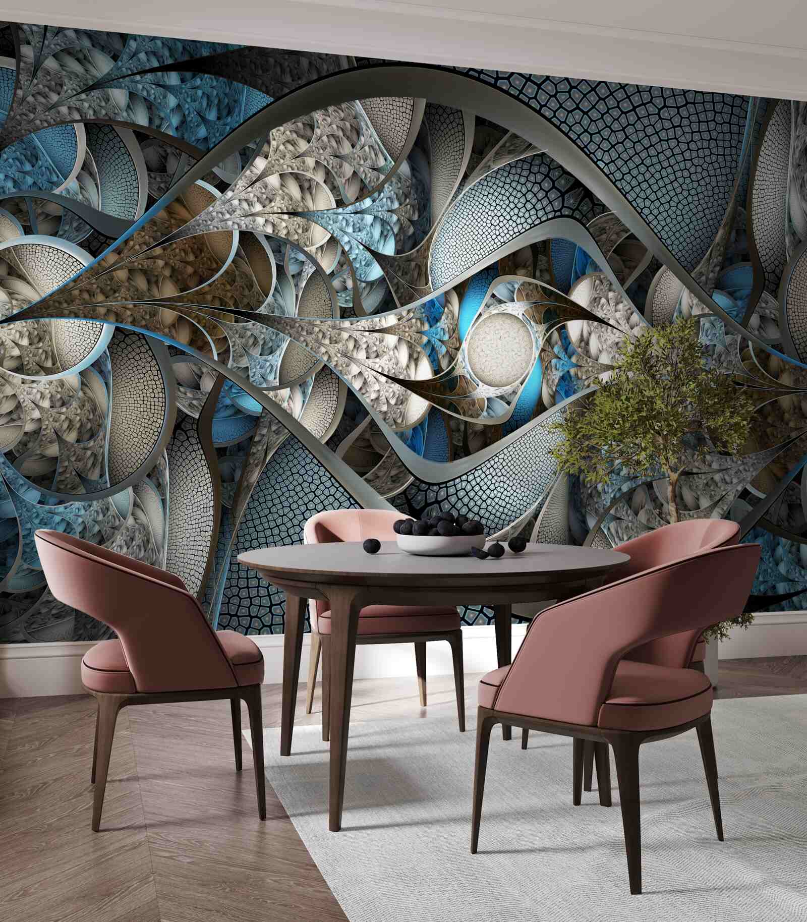 Papier peint composition de lignes courbes et de taches de couleur