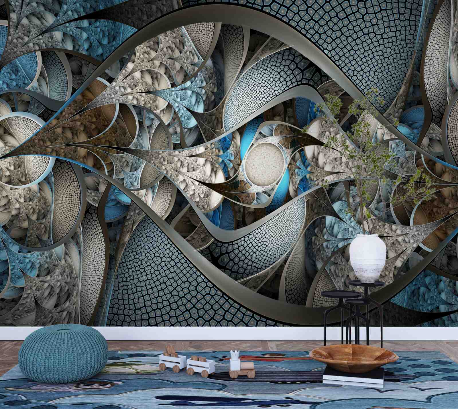 Papier peint composition de lignes courbes et de taches de couleur