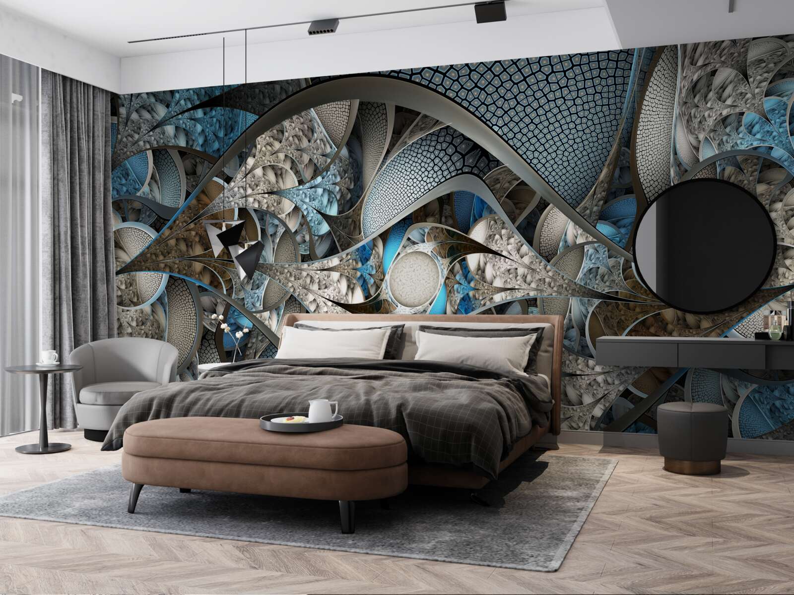 Papier peint composition de lignes courbes et de taches de couleur