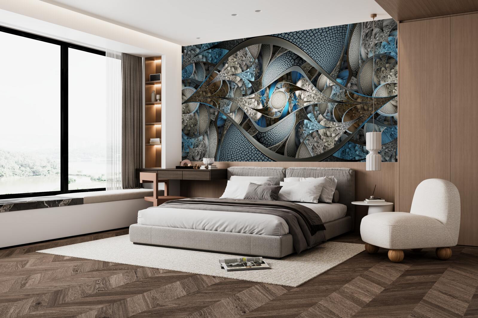 Papier peint composition de lignes courbes et de taches de couleur