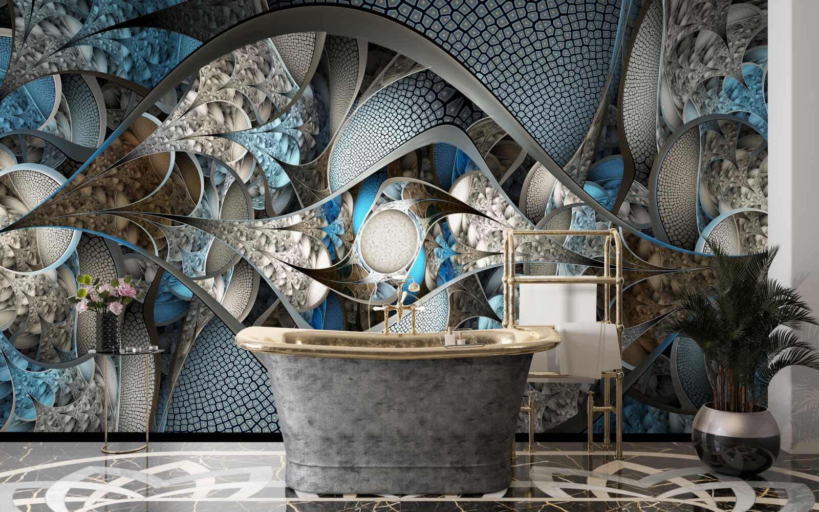 Papier peint composition de lignes courbes et de taches de couleur