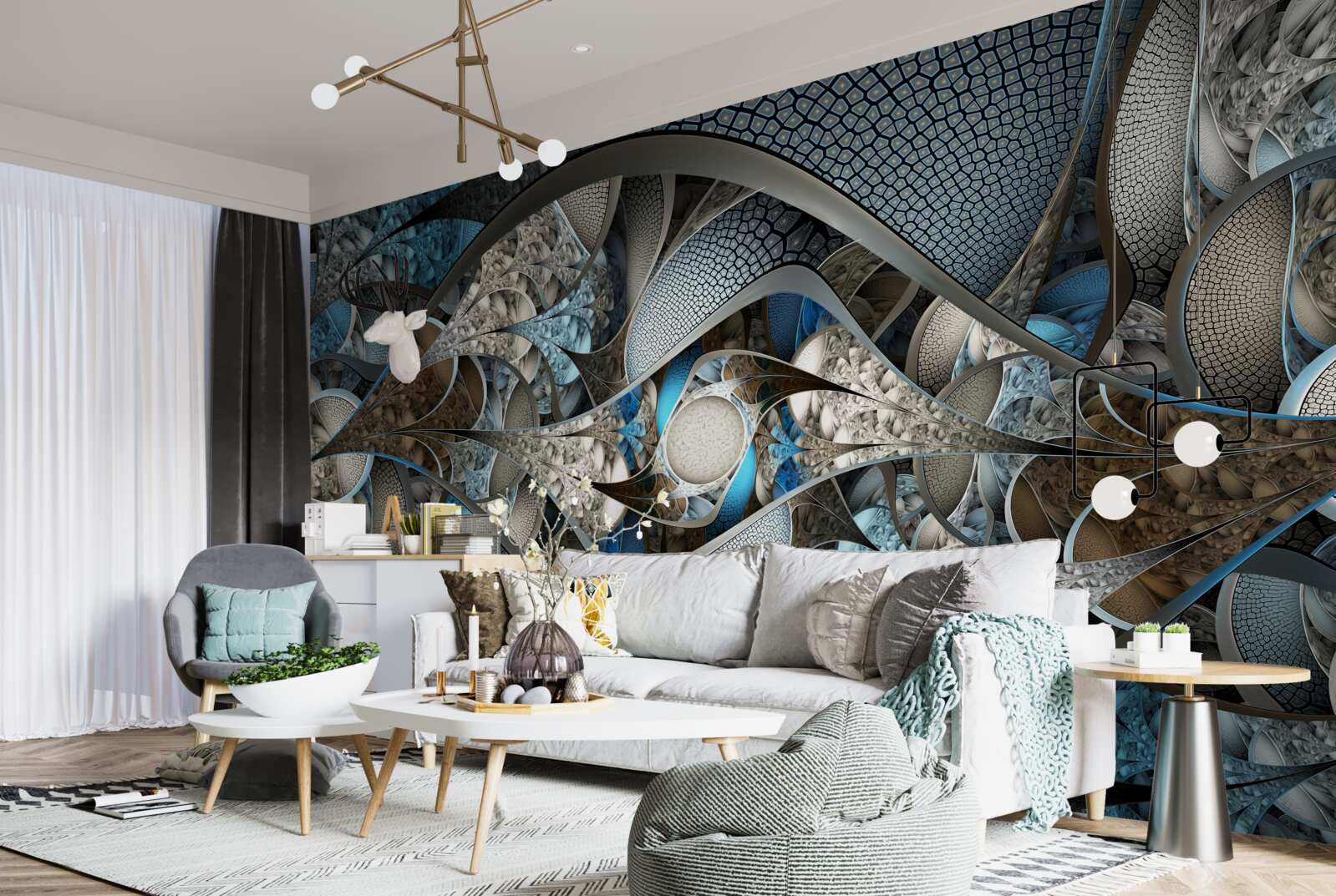 Papier peint composition de lignes courbes et de taches de couleur