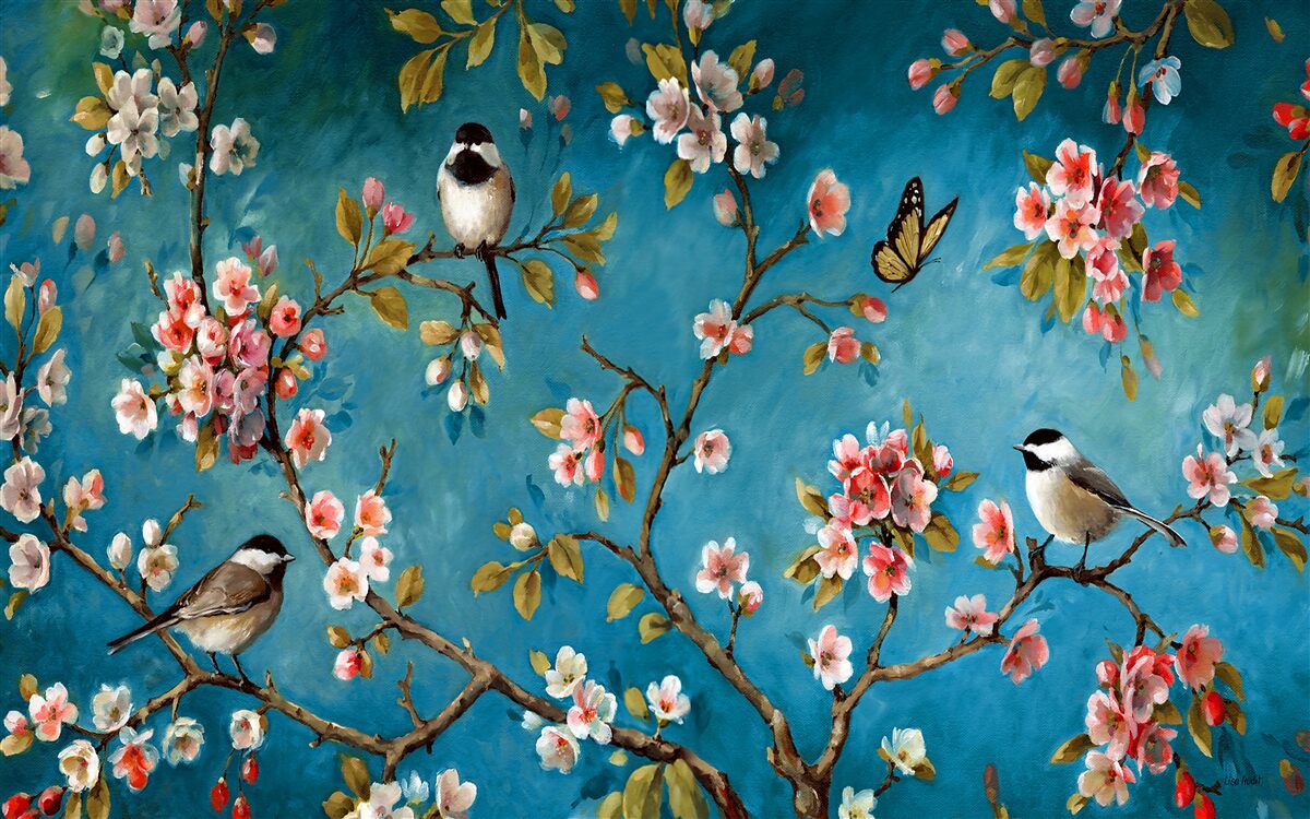 Papier peint branches fleuries avec oiseaux sur fond de ciel azur