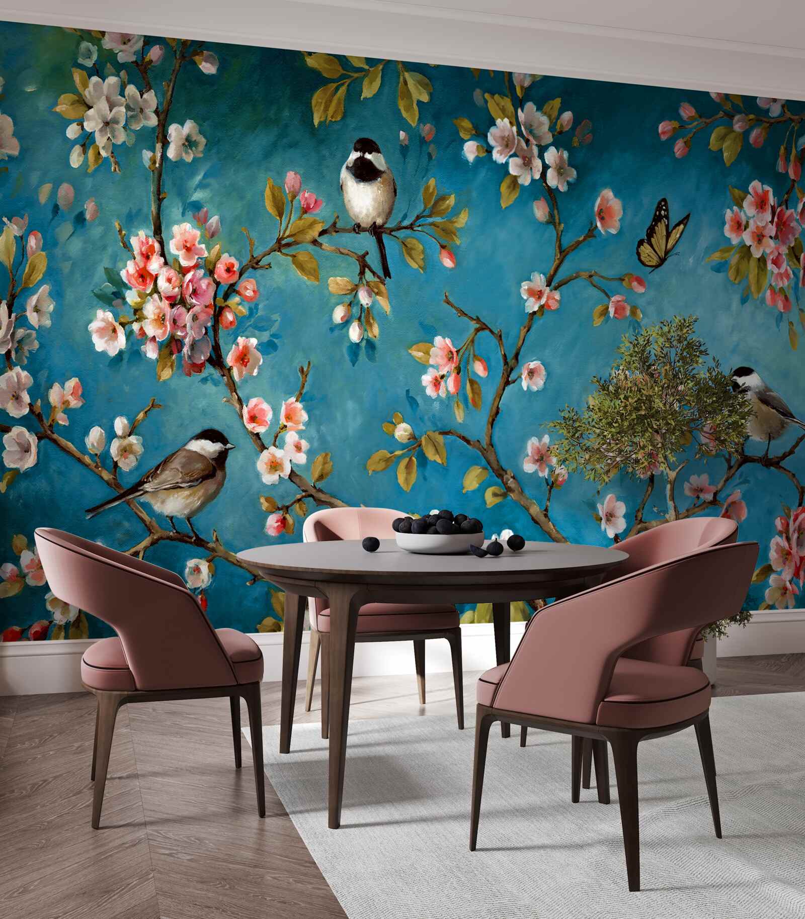 Papier peint branches fleuries avec oiseaux sur fond de ciel azur