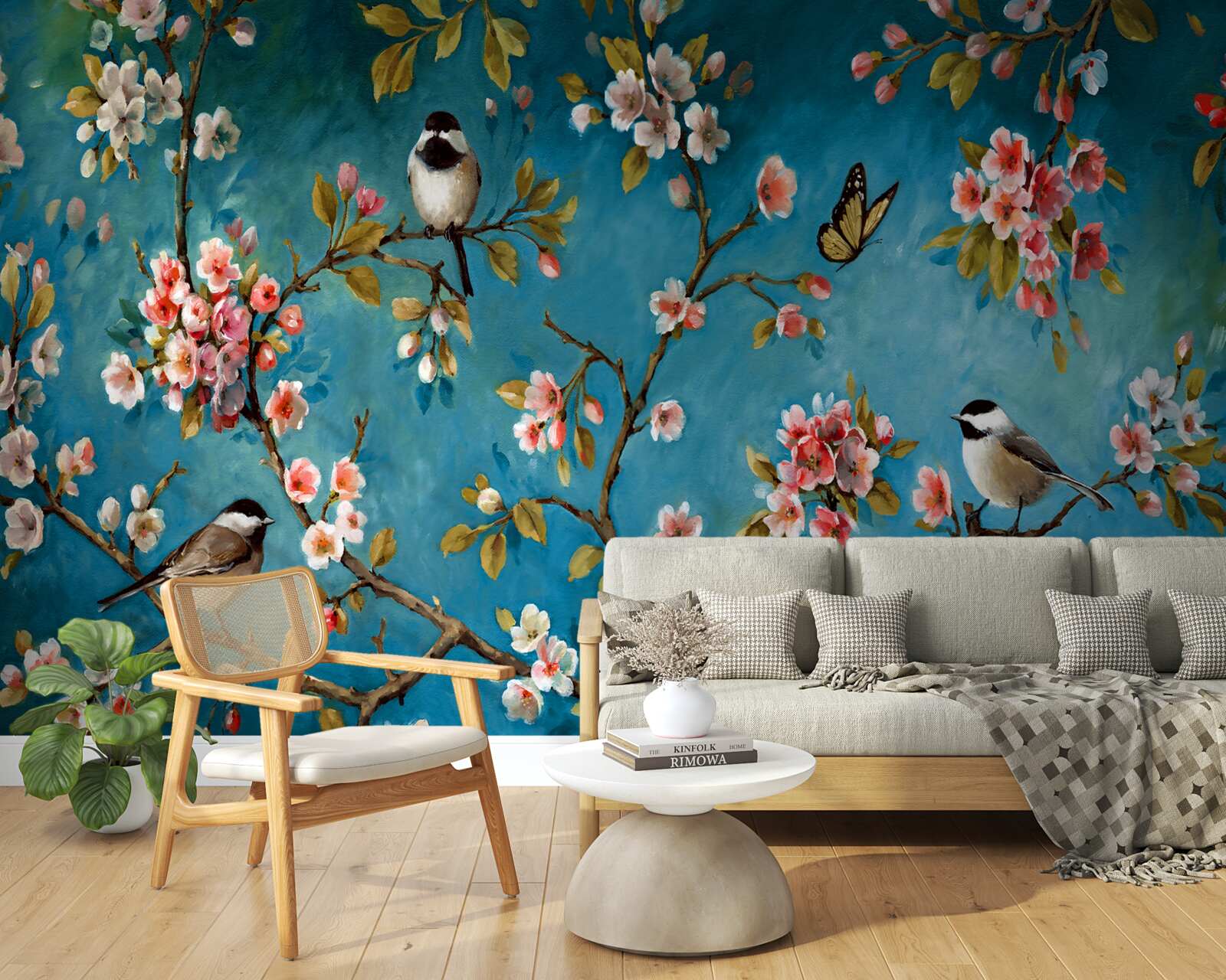 Papier peint branches fleuries avec oiseaux sur fond de ciel azur