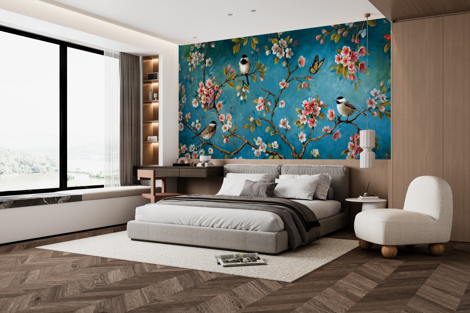 Papier peint branches fleuries avec oiseaux sur fond de ciel azur