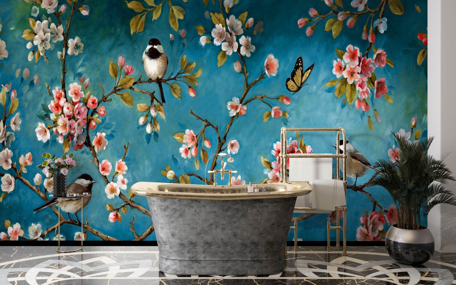 Papier peint branches fleuries avec oiseaux sur fond de ciel azur