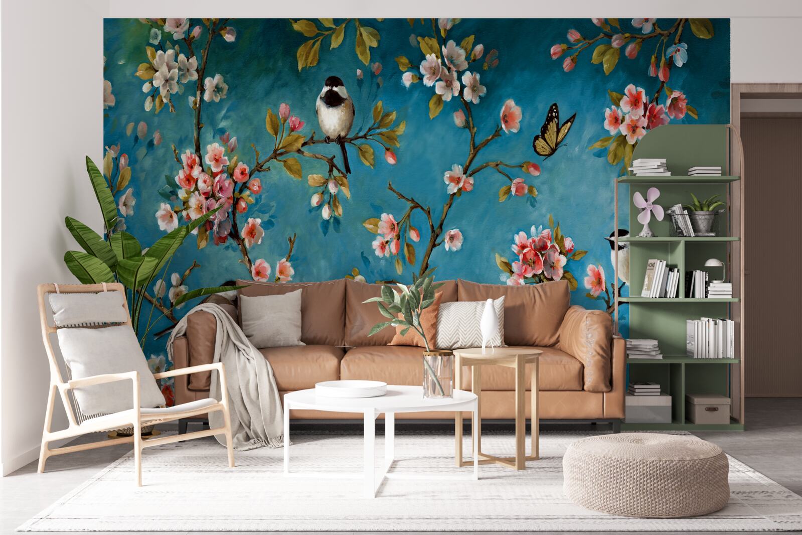 Papier peint branches fleuries avec oiseaux sur fond de ciel azur