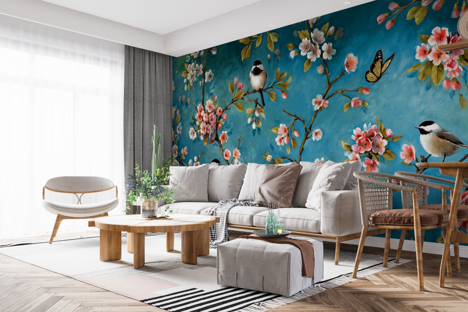 Papier peint branches fleuries avec oiseaux sur fond de ciel azur