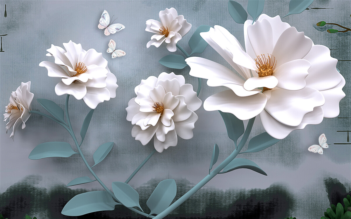 Papier peint belles grandes fleurs blanches