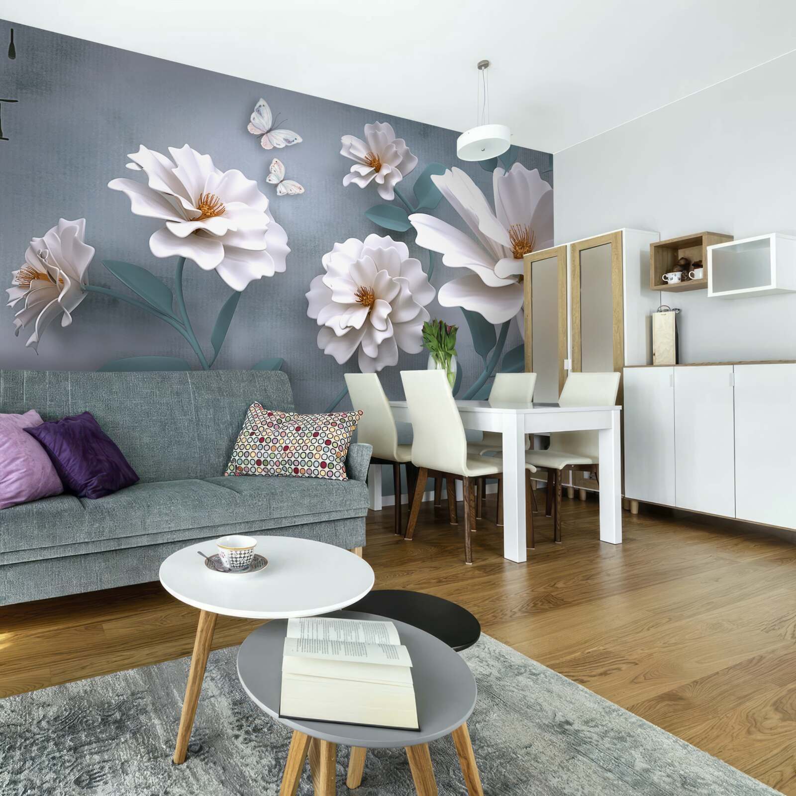 Papier peint belles grandes fleurs blanches