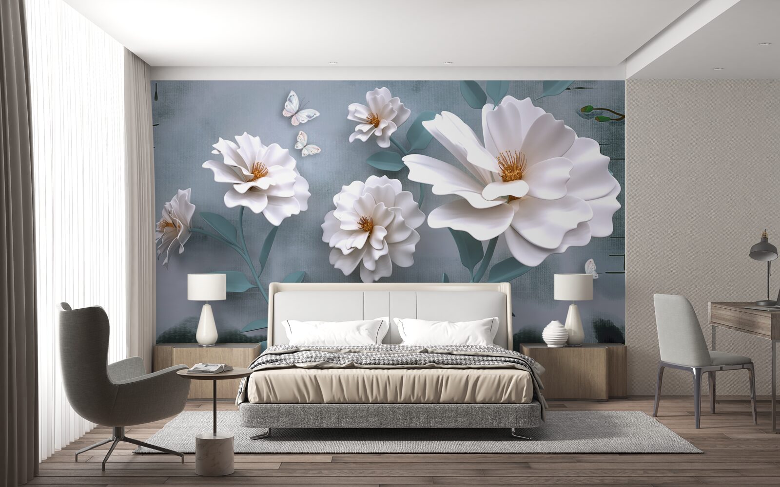 Papier peint belles grandes fleurs blanches