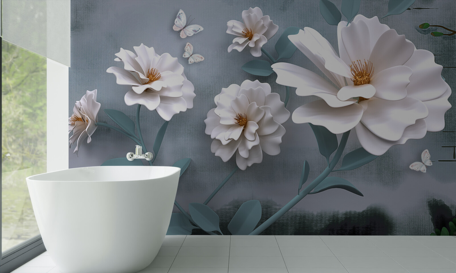 Papier peint belles grandes fleurs blanches