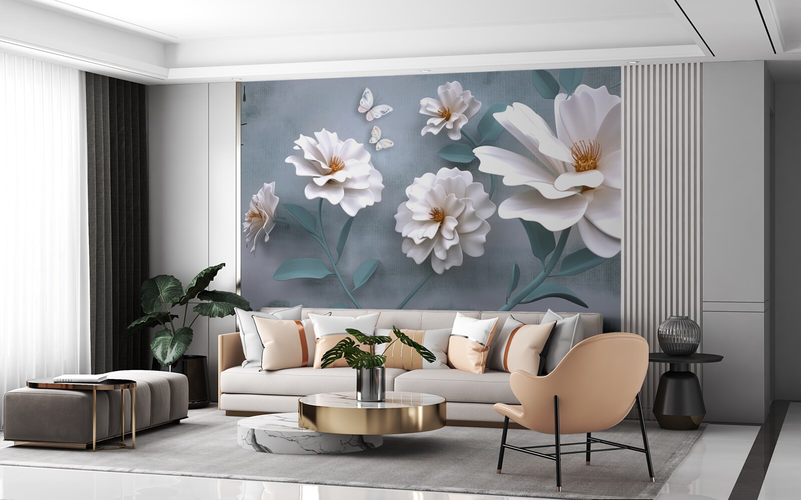 Papier peint belles grandes fleurs blanches