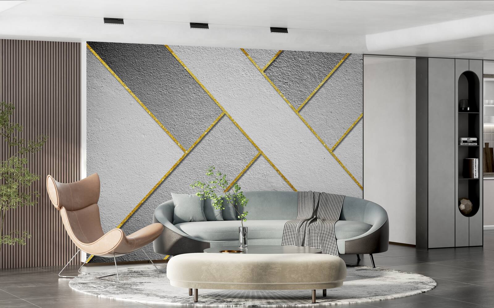 Papier peint lignes droites dorées sur fond gris