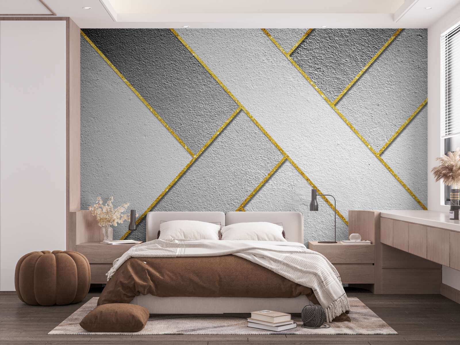 Papier peint lignes droites dorées sur fond gris