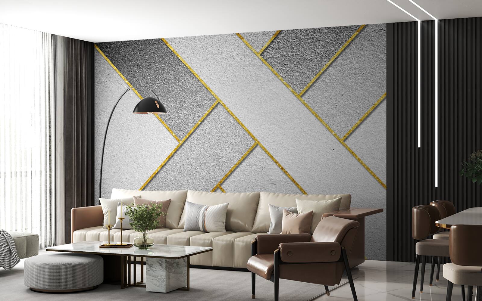 Papier peint lignes droites dorées sur fond gris