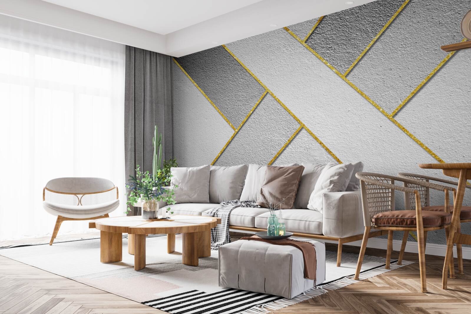 Papier peint lignes droites dorées sur fond gris