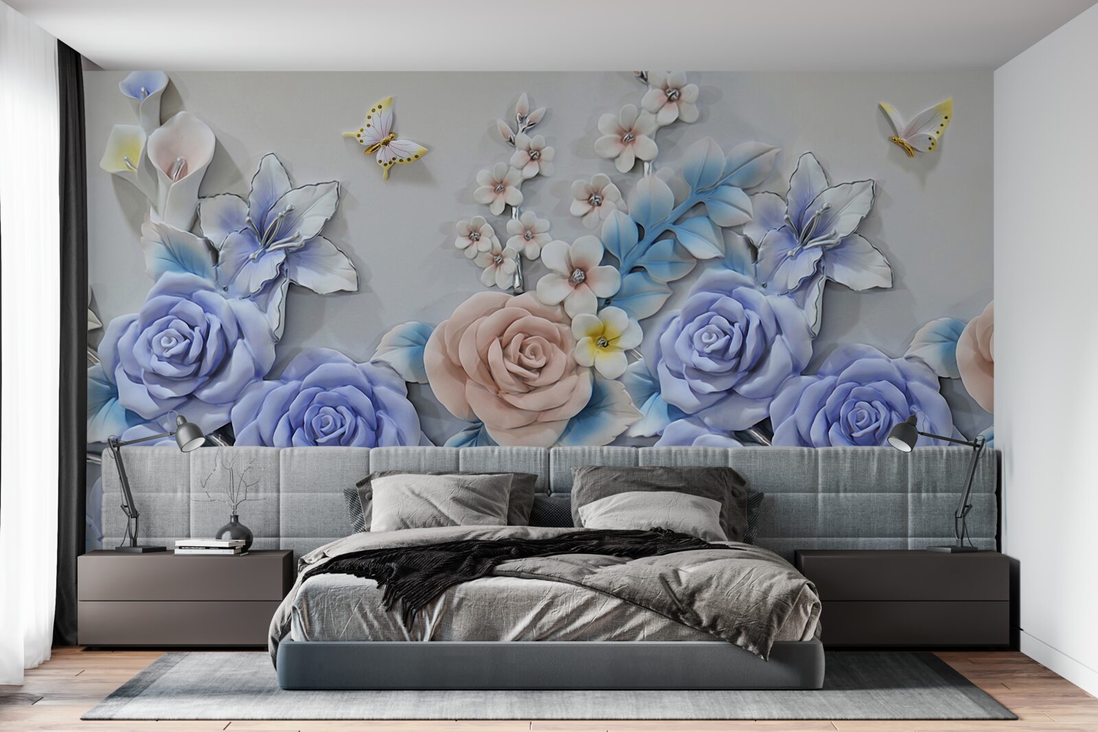 Papier peint les lys et les roses deviennent la piste de vol des papillons