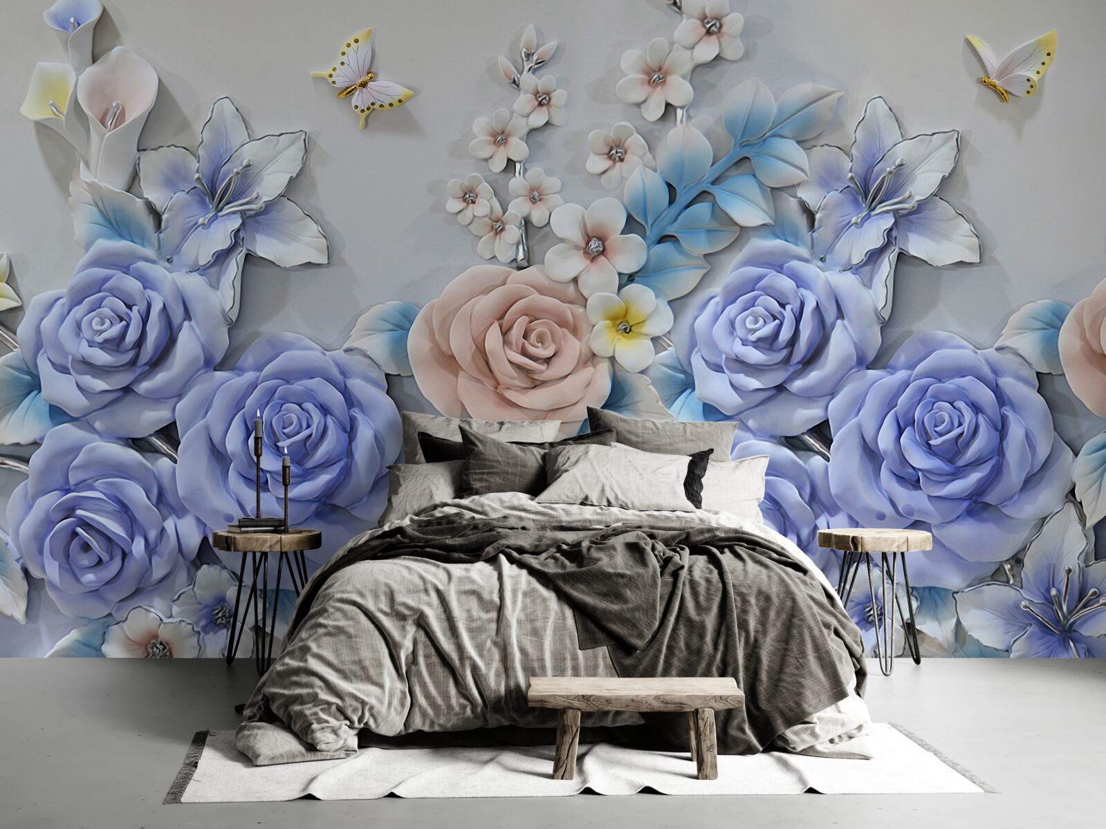 Papier peint les lys et les roses deviennent la piste de vol des papillons